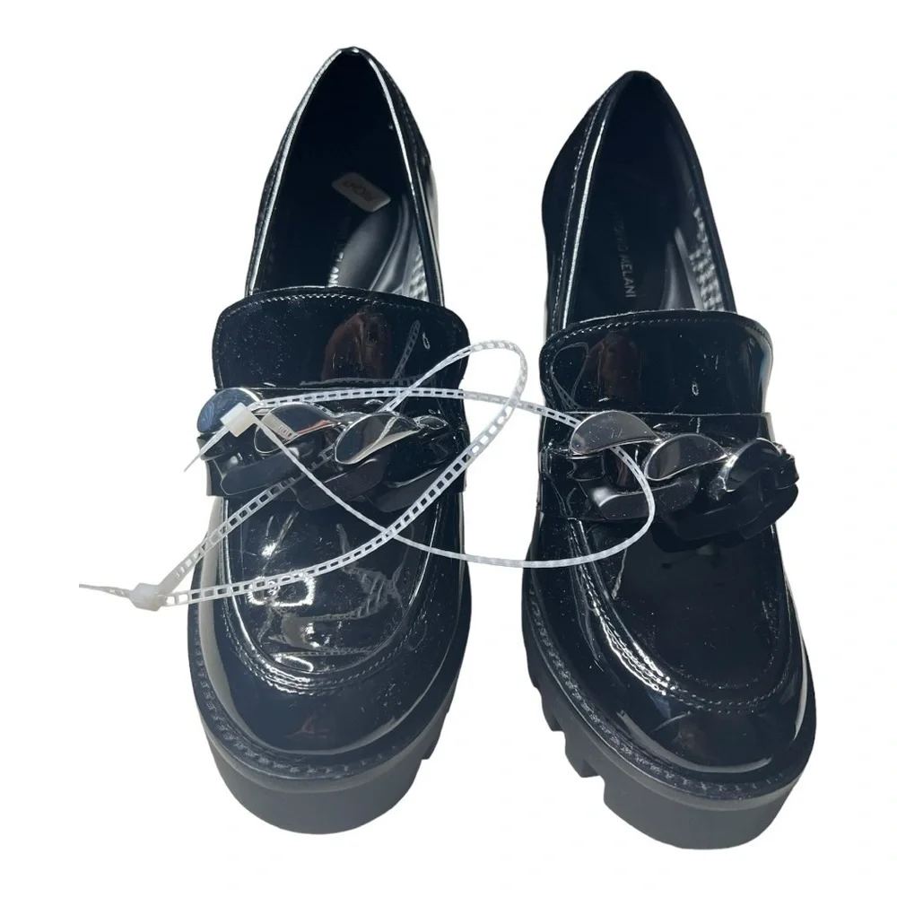NWOB Antonio Melani Parker Black Platform lug loafers Silver Chain Size 8.5